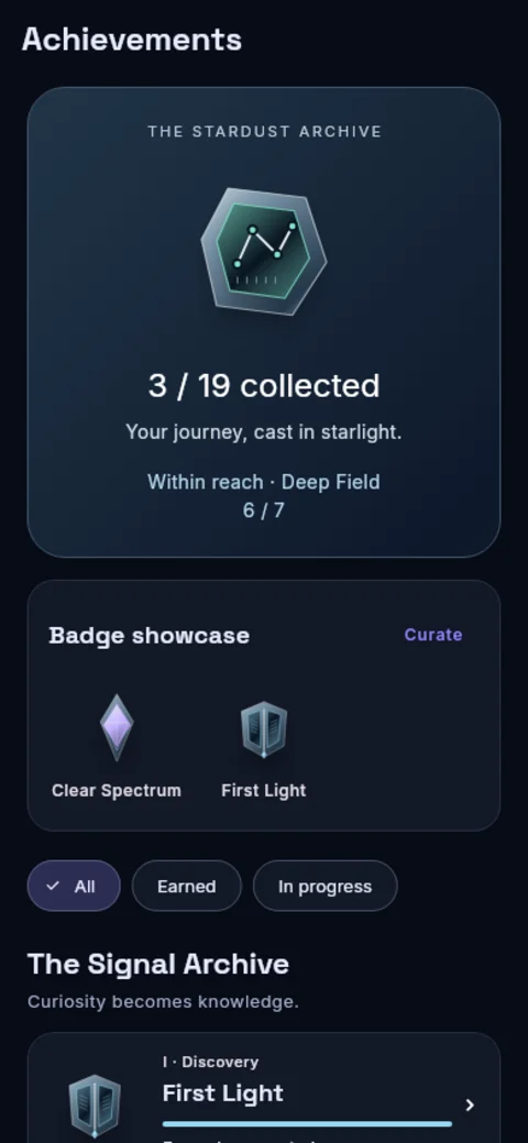 Stardust Archive with an earned badge showcase and achievement collection