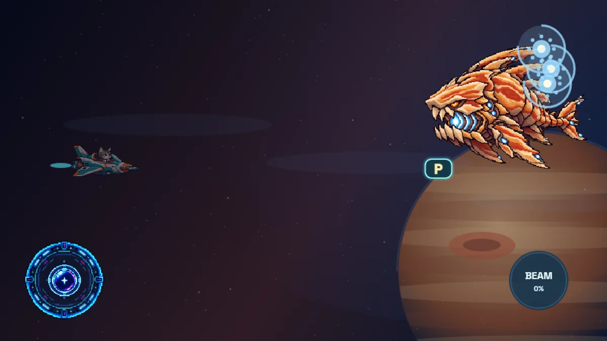 Stardust Defender gameplay: a cat pilot faces a giant boss above Jupiter