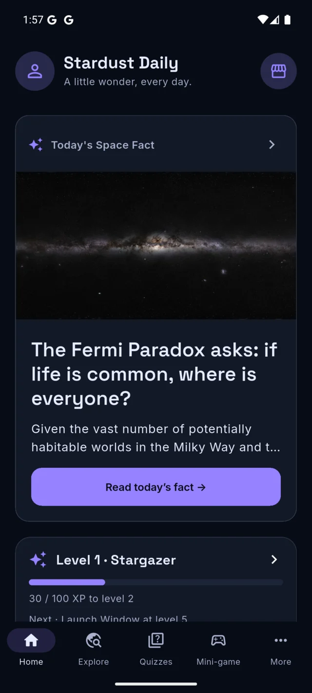 Stardust Daily app showing a daily space fact, a cosmic image and progress toward the next level
