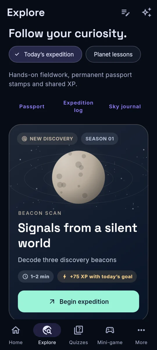 Explore screen with a beacon scan expedition called Signals from a silent world